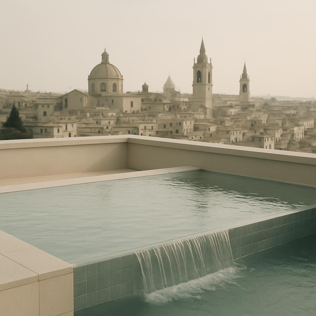 The image depicts a Jaccuzzi hot tub featuring a waterfall water feature that cascades into a lower area alt text: roof to...