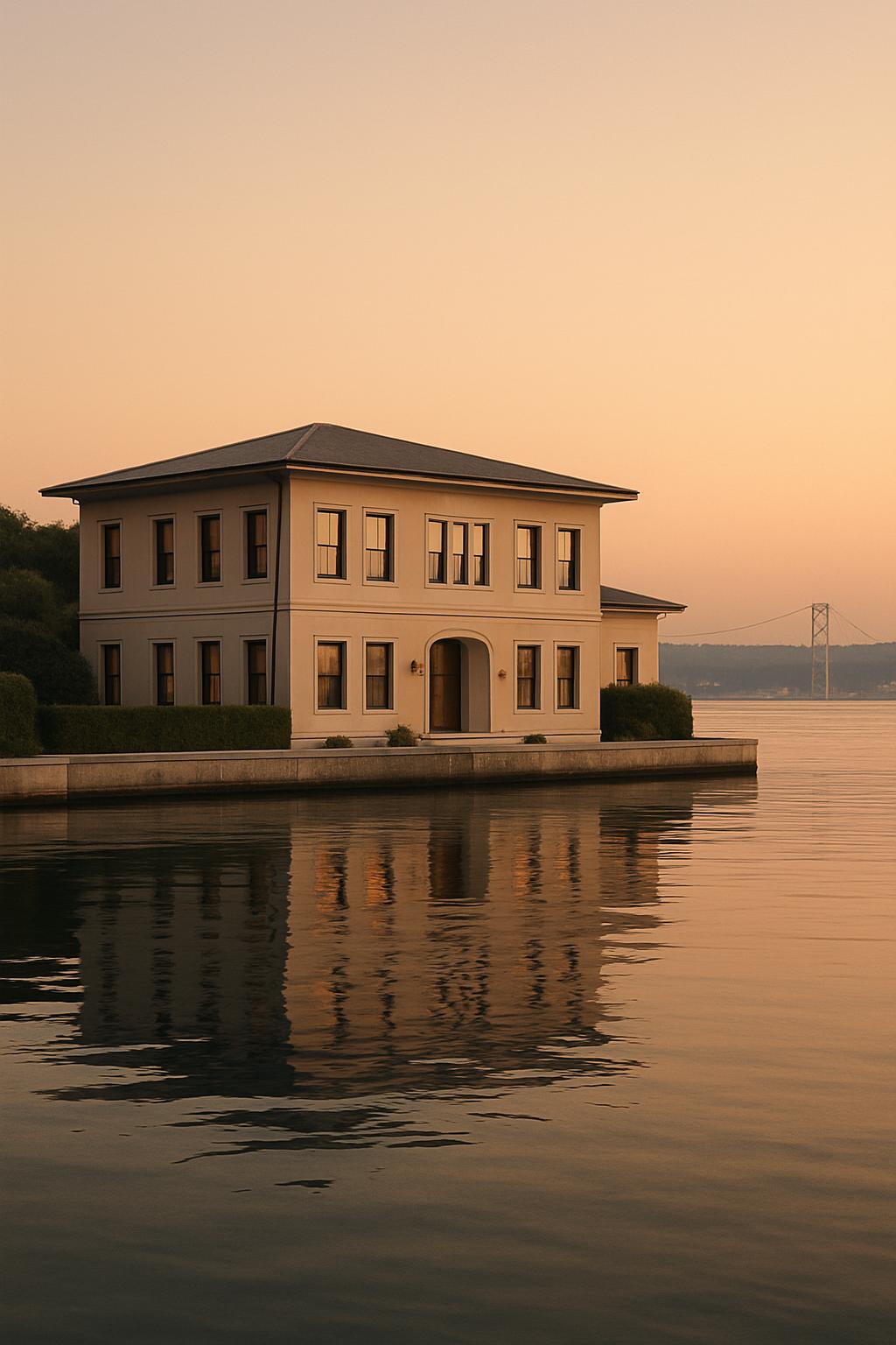 A serene scene of a house situated on a body of water, with a bridge visible in the distance.