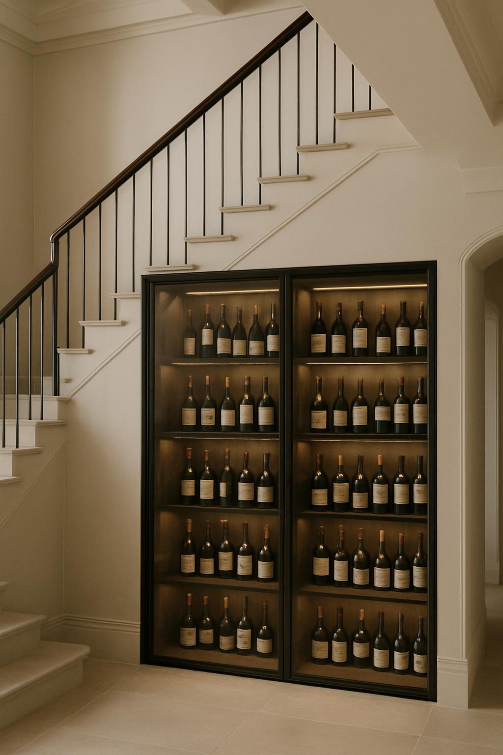 An interior room featuring a black glass shelving unit, showcasing wine bottles in a semidark space below an interior stai...